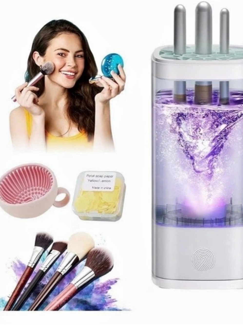 Makeup Brush Cleaner Set in Purple & Silver